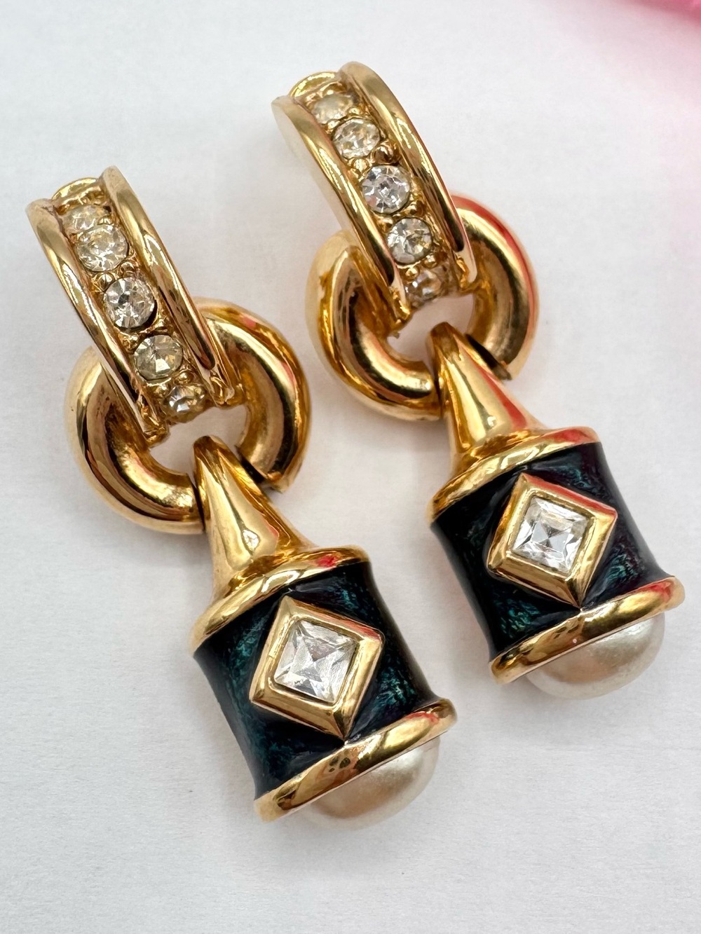 Vintage Piscitelli Blue Guilloche Door Knocker Earrings Gold Tone Rhinestones